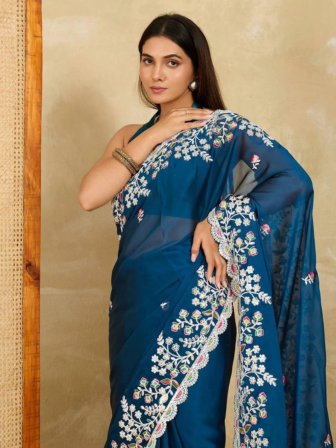 Navy Blue Embroidery Sequins Work Rangoli Silk Saree - kalyanja